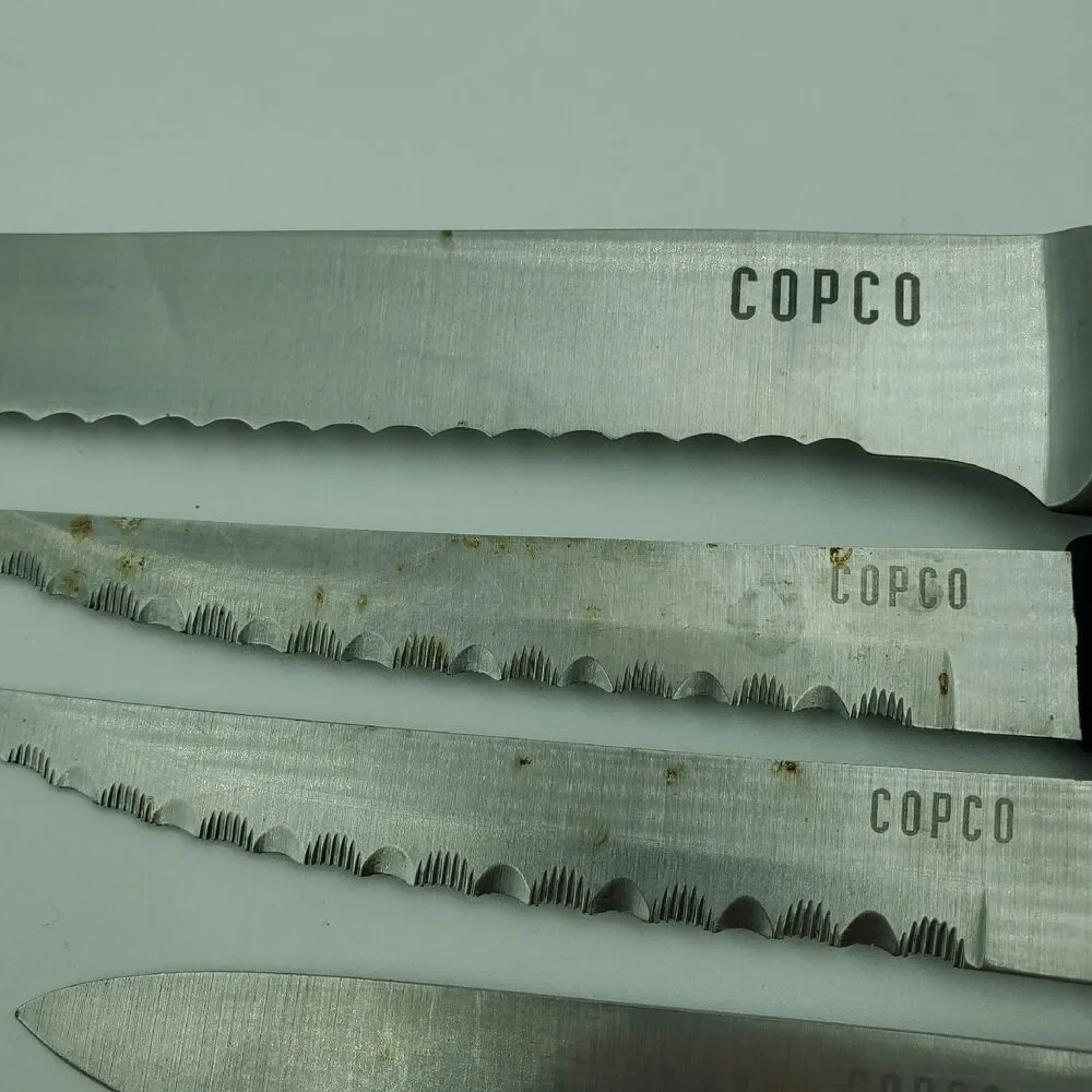 Set of 5 Copco Chefs Knives Bread, Steak x2, Utility x2 READ. Small Rust Spots
