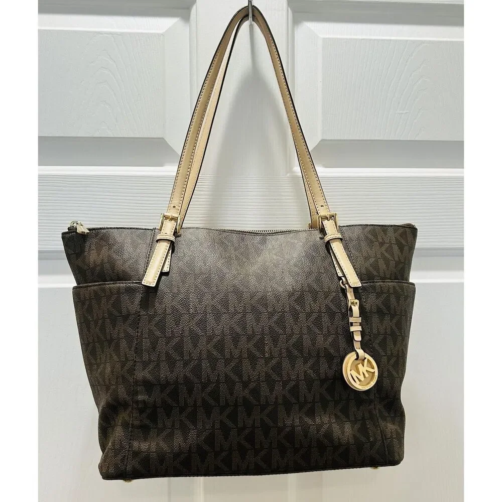 Michael Kors Jet Set Brown MK Logo Signature Tan Coated Canvas Trip Tote Bag