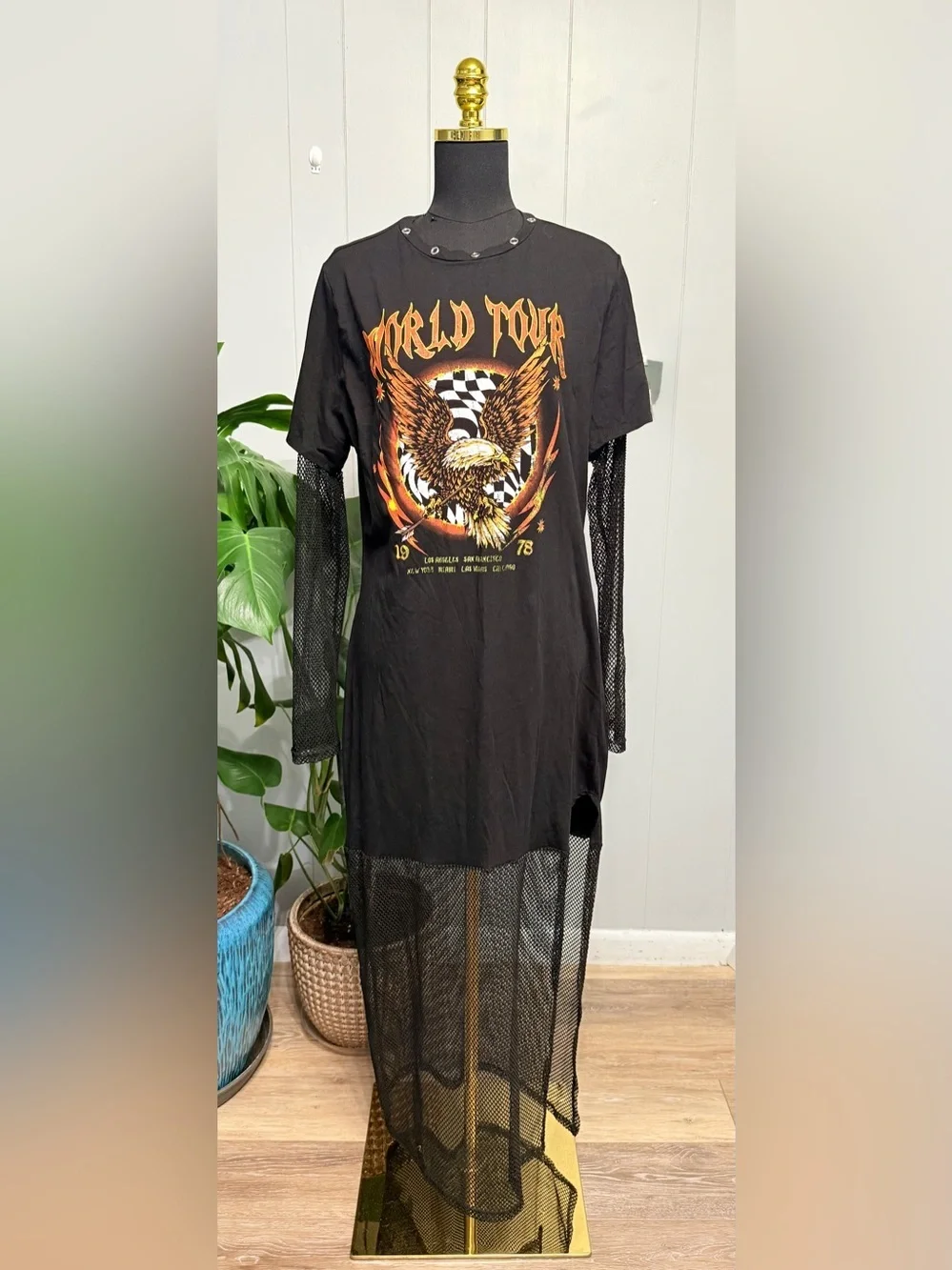 Fashion Nova Word Tour 1978 Black Maxi Dress with Gold and Orange Eagle Graphic